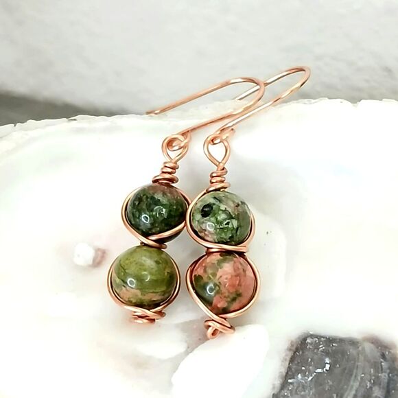 Boho Chic Unakite Crystal Dangle Earrings, Copper Gemstone Jewelry 1.5" - Picture 1 of 3